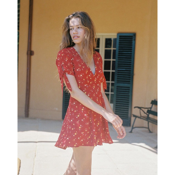 With Jean Beaucoup Floral Plunge V-Neck Short Sleeve Summer Mini Dress Red S - Picture 2 of 13